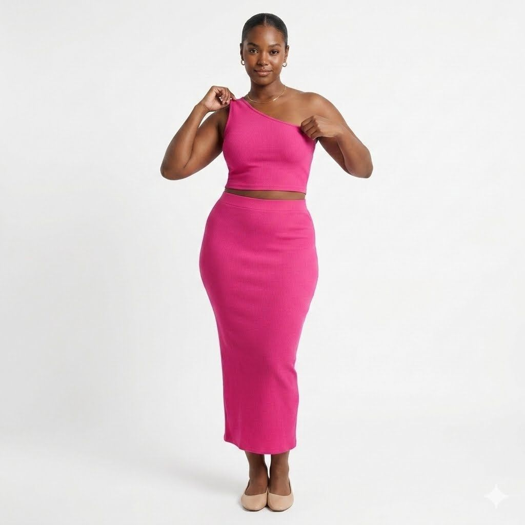 Ruched One Shoulder Top & Bodycon Midi Skirt Two Piece Set